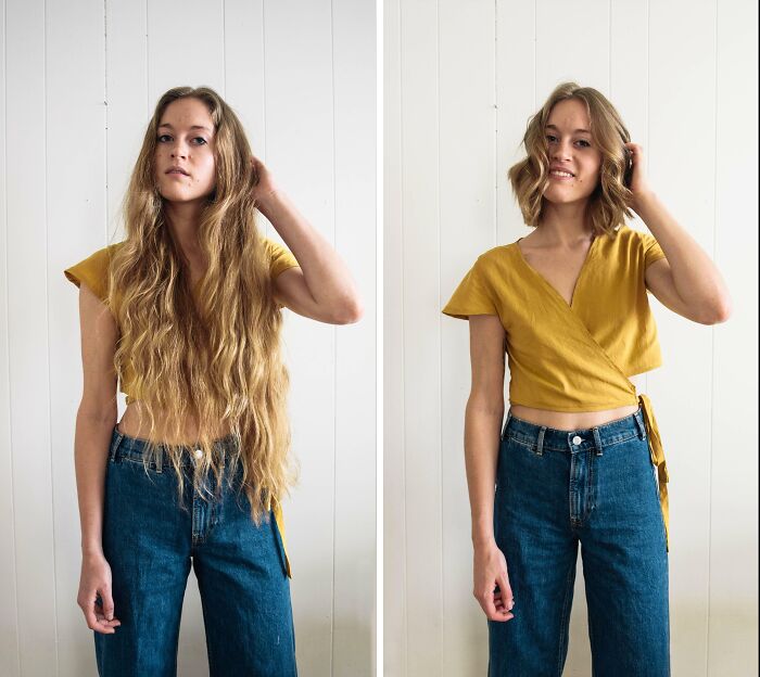 Mujer antes y después de un corte de cabello en peluquería, mostrando un cambio de imagen total y transformación.