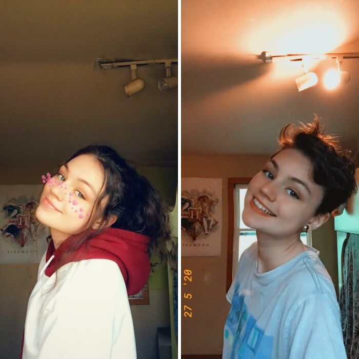 Antes y después de una persona que fue a la peluquería, mostrando un cambio total en su estilo y corte de cabello.
