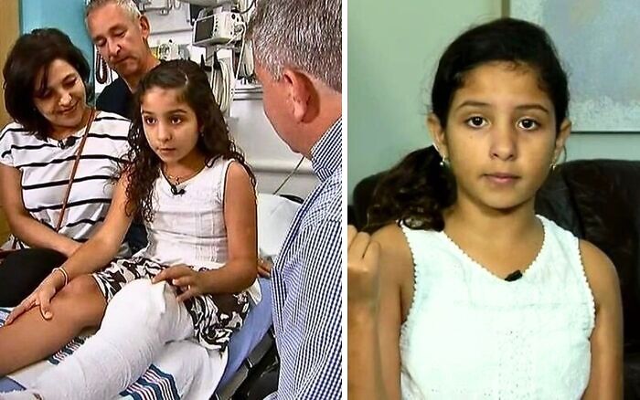 Niña en hospital con pierna enyesada rodeada de adultos en suceso increíble.