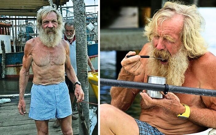 Hombre mayor con barba larga comiendo en un muelle, representando sucesos increíbles.