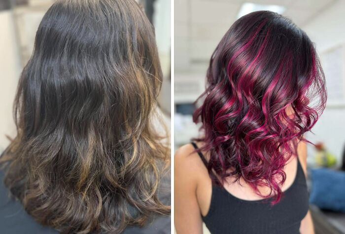 Cambio de look con corte de pelo y color vibrante que realza y transforma el rostro de forma impactante.