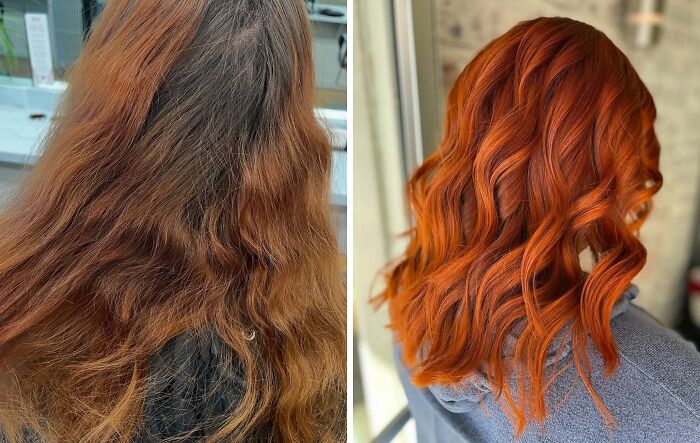 Transformación de cabello con corte y color naranja vibrante que demuestra el poder de un buen corte de pelo en el rostro.
