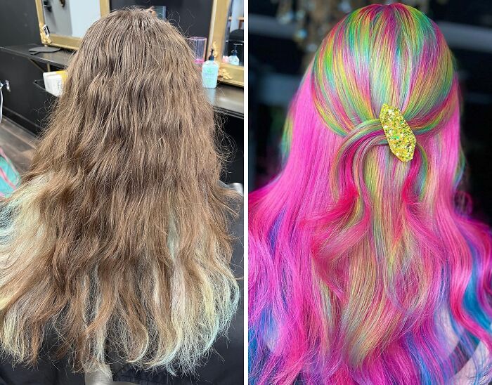 Cabello antes y después de un buen corte de pelo con color vibrante que transforma el rostro y el estilo personal.