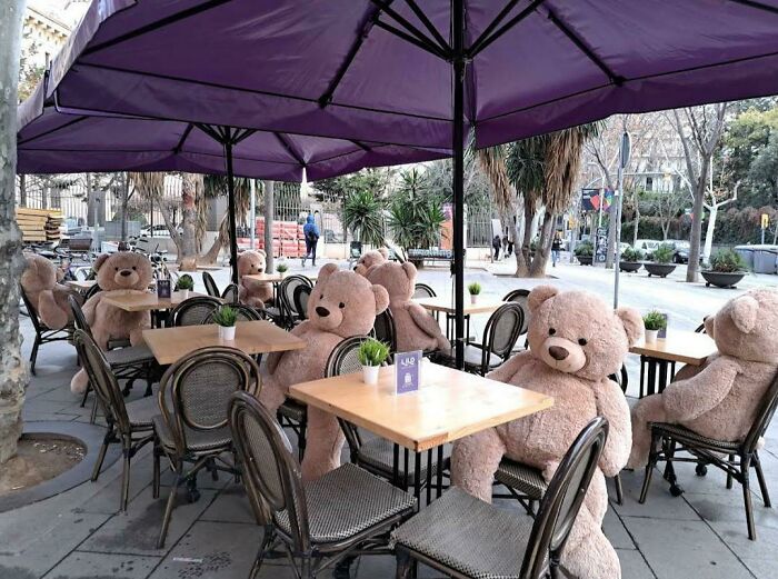 Osos de peluche sentados en terraza de restaurante al aire libre, una de las cosas que sorprendieron a viajeros en otros países.