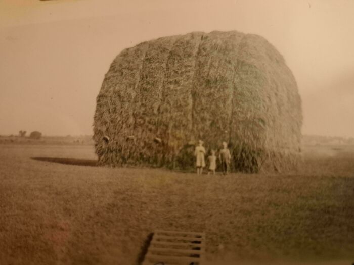 Fotos históricas fascinantes con una familia junto a una enorme pila de heno en un campo rural antiguo.