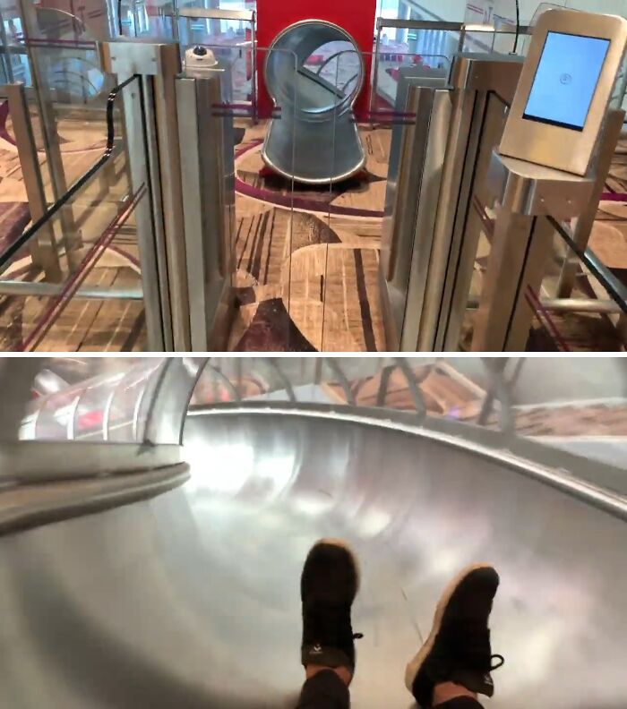 Tobogán en aeropuerto moderno que sorprendió a viajeros en otros países por su innovación y diseño único en el acceso.