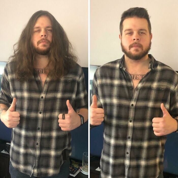Hombre mostrando cambio de rostro con un buen corte de pelo y barba, vistiendo camisa a cuadros y gesto de aprobación.