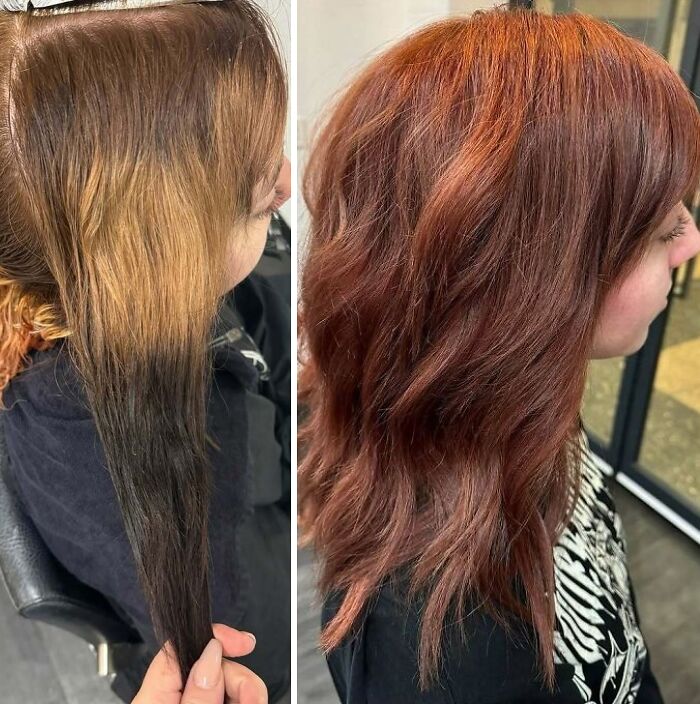 Cambio de rostro con un buen corte de pelo y color rojizo, mostrando transformación y estilo moderno en el cabello.
