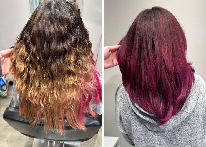 Cambio de look con corte de pelo y coloración vibrante que transforma el cabello y el rostro.
