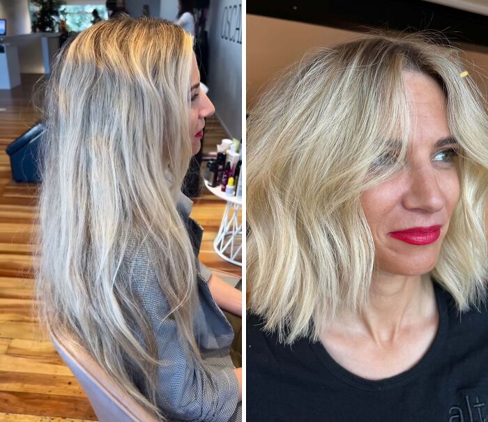 Antes y después de un corte de pelo que demuestra un cambio notable en el rostro con un estilo moderno y fresco.