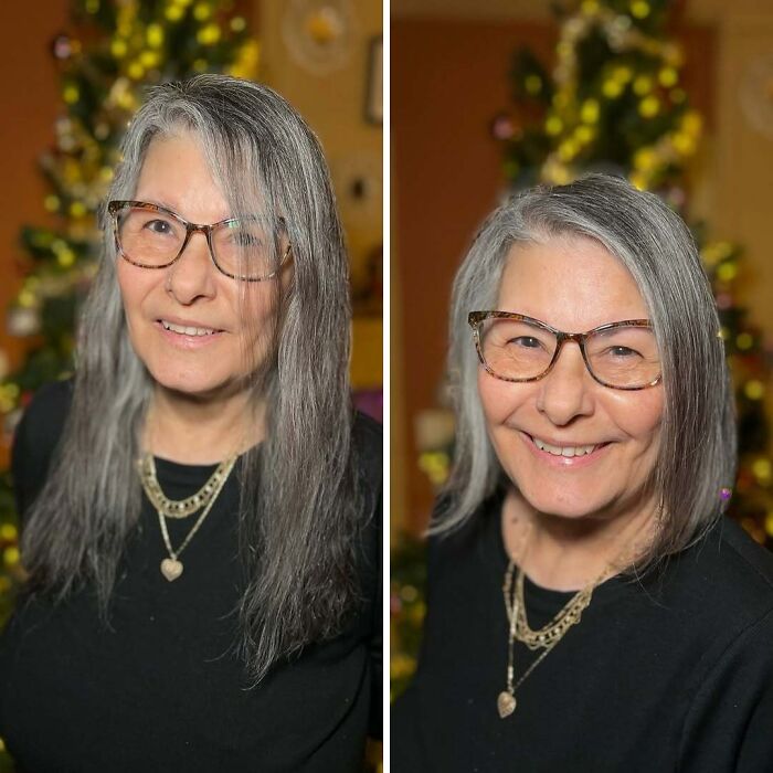Mujer con gafas antes y después de un buen corte de pelo que cambia su rostro y estilo con cabello gris.