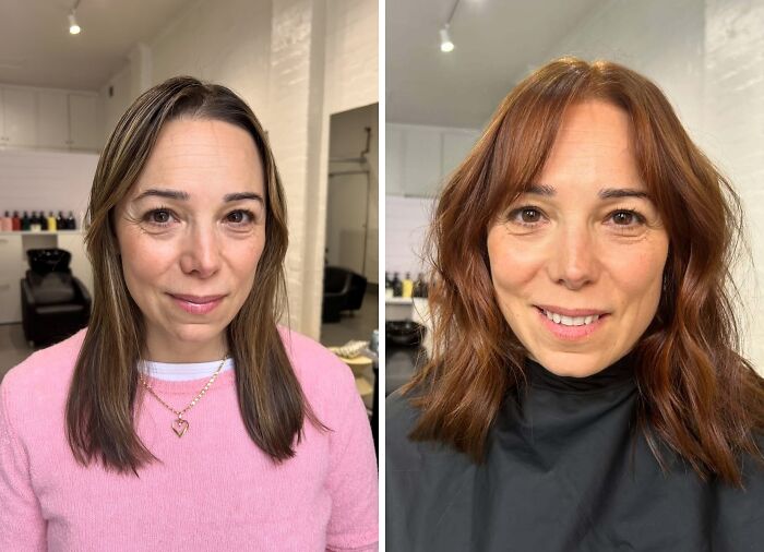 Mujer con cambio de rostro notable gracias a un buen corte de pelo y coloración en salón moderno.