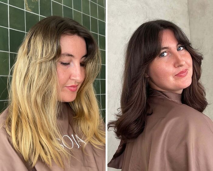 Mujer con cambio de corte de pelo y color que mejora la apariencia del rostro mostrando cómo un buen corte transforma.