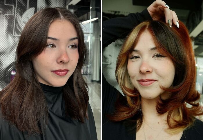 Antes y después de un buen corte de pelo que realza el rostro de una mujer joven con cabello castaño.