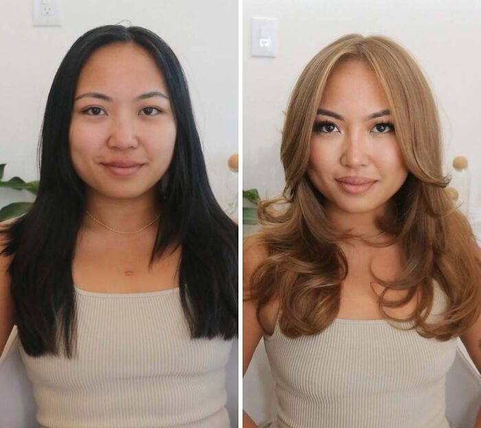 Mujer muestra cambio de rostro con un buen corte de pelo y nuevo color de cabello estilo moderno y voluminoso.