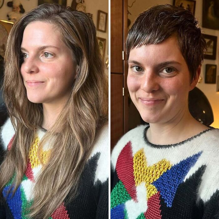 Mujer con antes y después de un buen corte de pelo que demuestra cómo puede cambiar tu rostro y estilo personal.