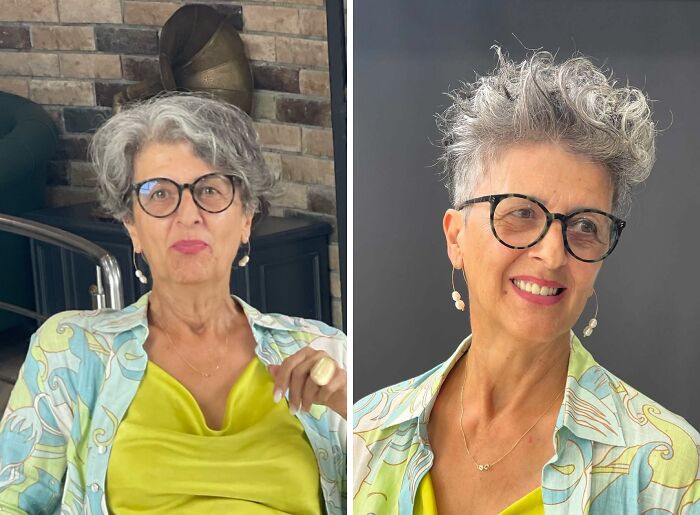 Mujer mayor con corte de pelo moderno que demuestra cómo un buen corte de pelo puede cambiar tu rostro.