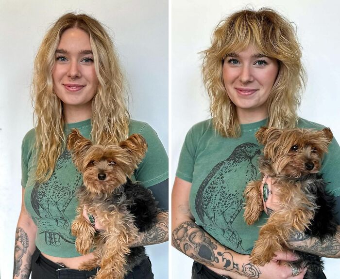 Mujer con corte de pelo antes y después mostrando cómo un buen corte de pelo puede cambiar tu rostro, con perro pequeño.