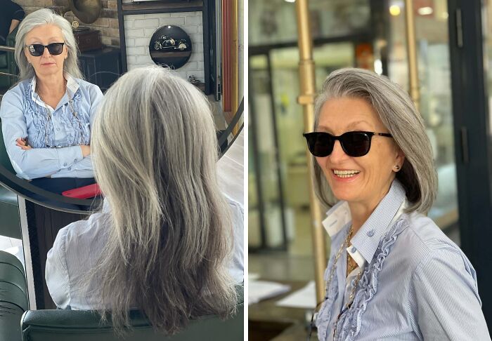 Mujer con cabello canoso antes y después de un buen corte de pelo que cambia su rostro con estilo y sonrisa.