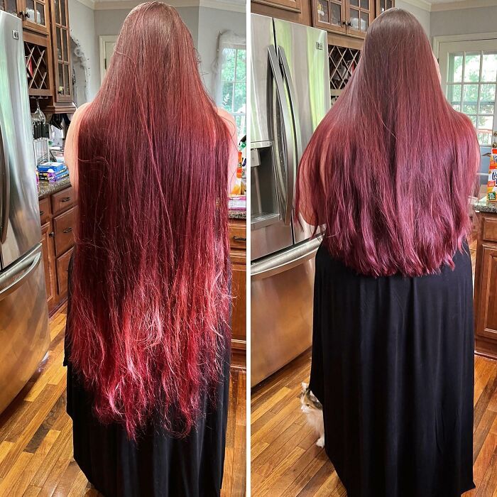 Mujer con cabello largo rojo antes y después de un corte de pelo mostrando cambio en el rostro y estilo.