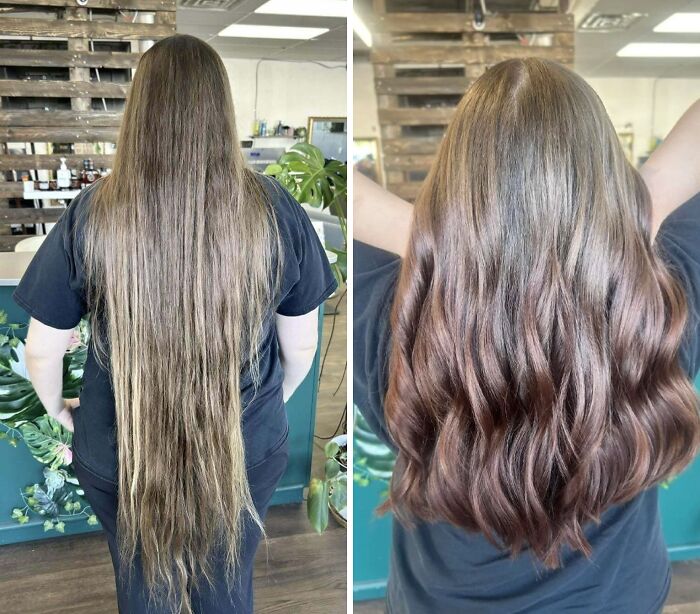 Cambio de rostro con corte de pelo, antes con cabello largo y lacio, después con cabello más corto y ondas definidas.
