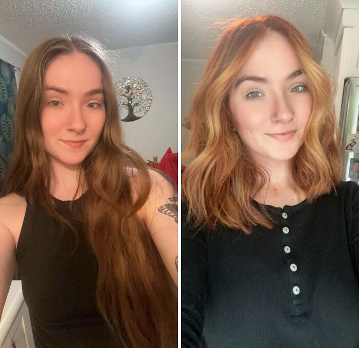 Antes y después de un cambio de look con corte de pelo que transforma y mejora el rostro femenino.