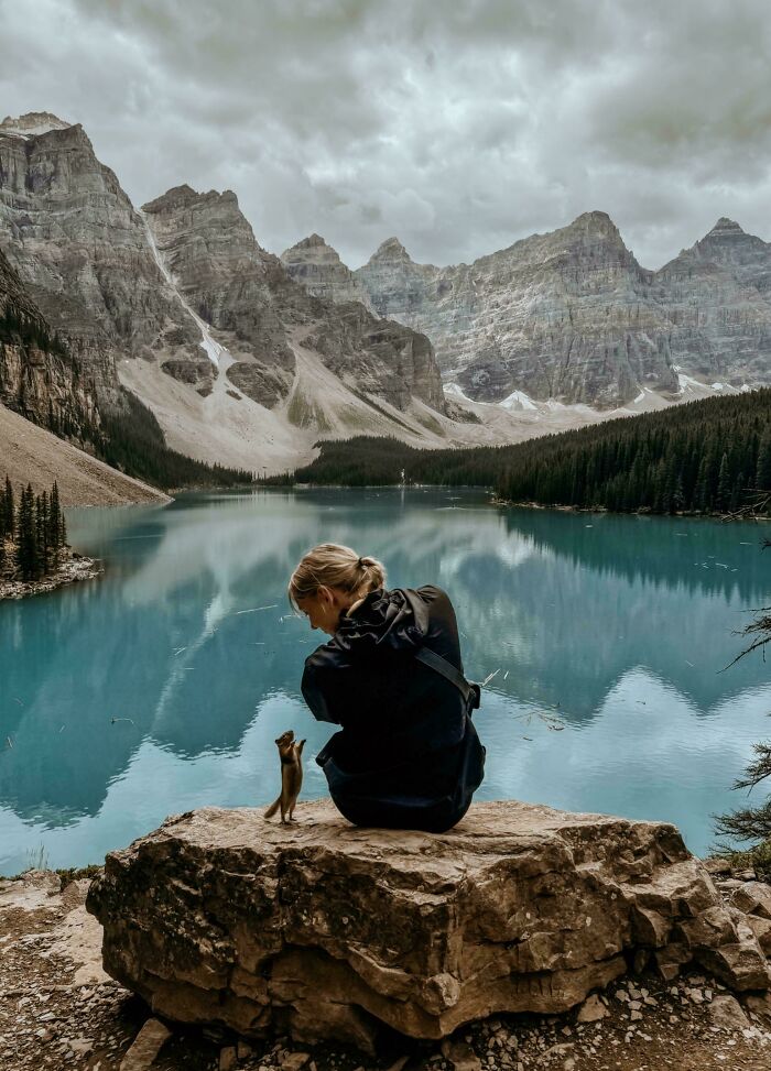 Persona sentada en una roca mirando un lago en Canadá, con un pequeño animal al lado. Montañas al fondo.