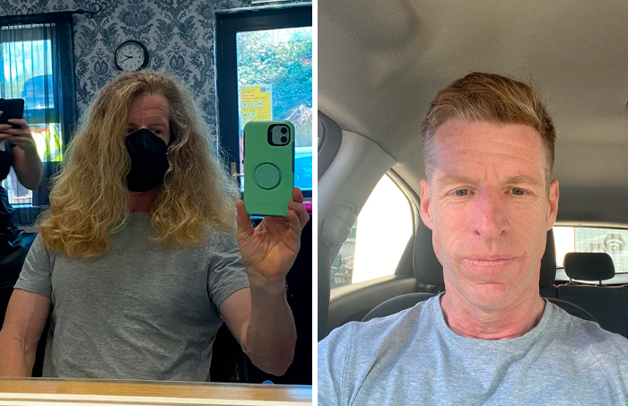 Hombre antes y después de un cambio de look en peluquería, mostrando transformación total con corte de cabello nuevo.