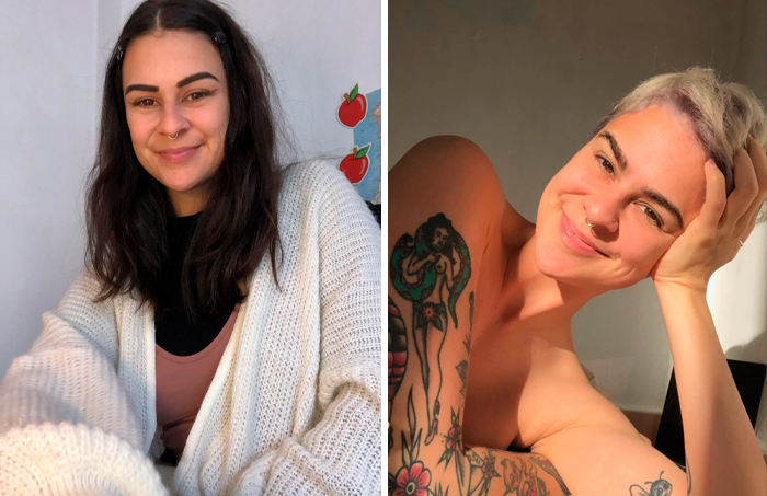 Mujer antes y después de peluquería con cambio radical de cabello largo a corto y rubio, mostrando transformación total.