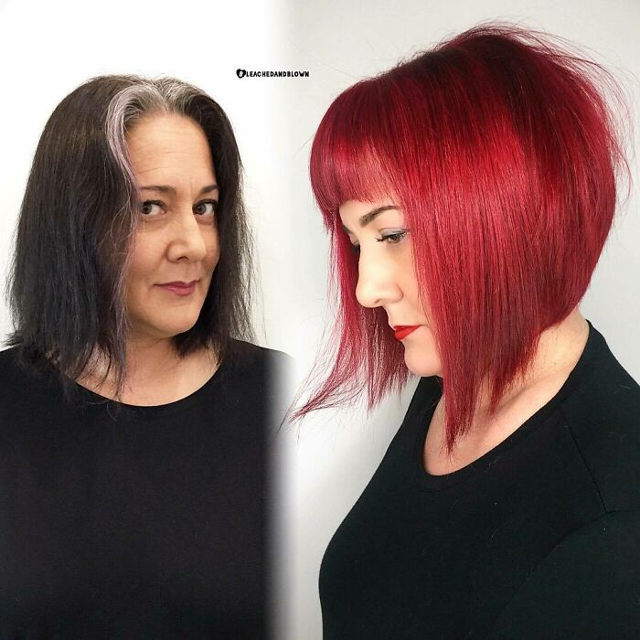 Antes y después de un cambio de look en la peluquería, mostrando transformación completa de estilo y color de cabello.