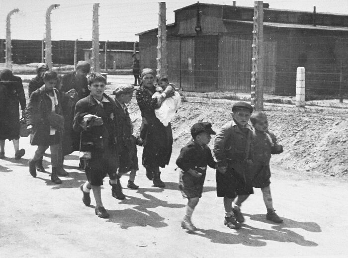 Niños judíos cogidos de la mano caminan sin saberlo hacia la muerte en las cámaras de gas de Auschwitz