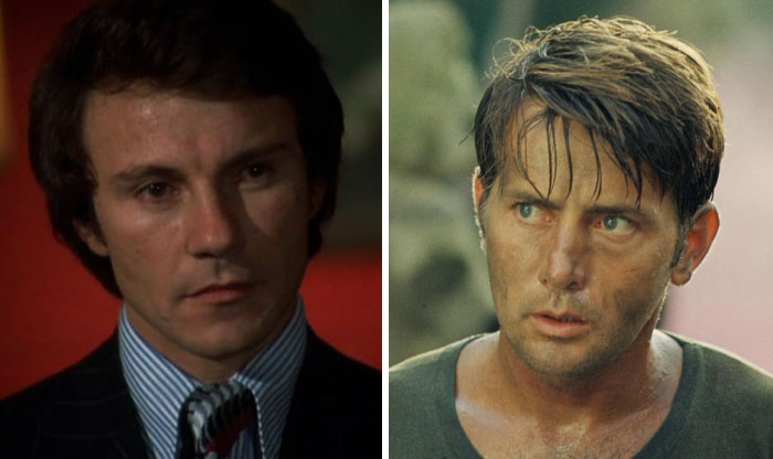Dos actores que fueron reemplazados en una película, mostrando diferentes estilos y expresiones faciales.