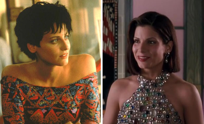Mujer reemplazada en película, vistiendo blusa colorida a la izquierda, y vestido brillante a la derecha.