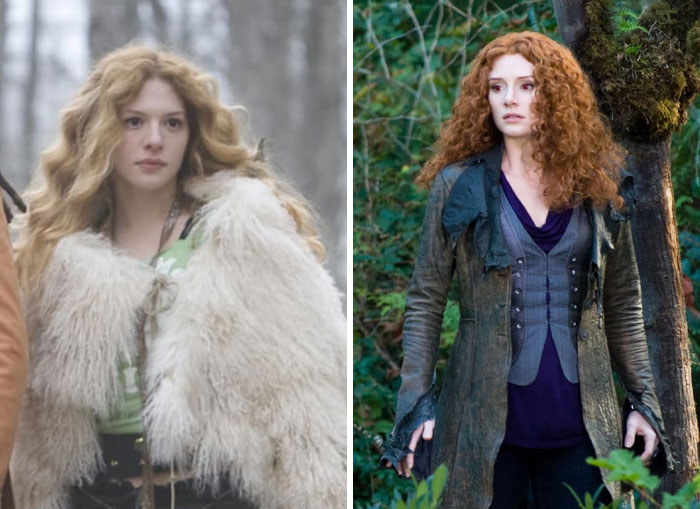 Dos actrices muestran actores reemplazados en escenas de bosque, con abrigos dramáticos y estilos contrastantes.
