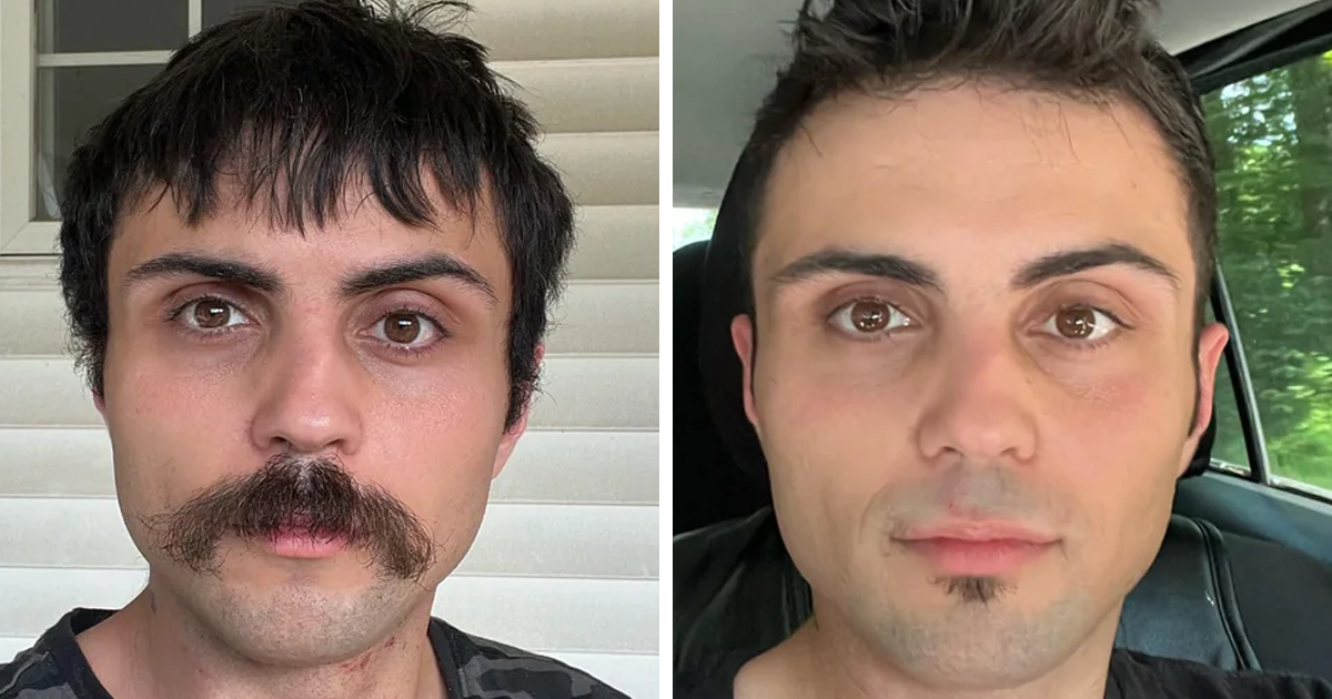Hombre con cambio de look radical tras visitar la peluqueru00eda, mostrando una transformaciu00f3n total en su estilo.