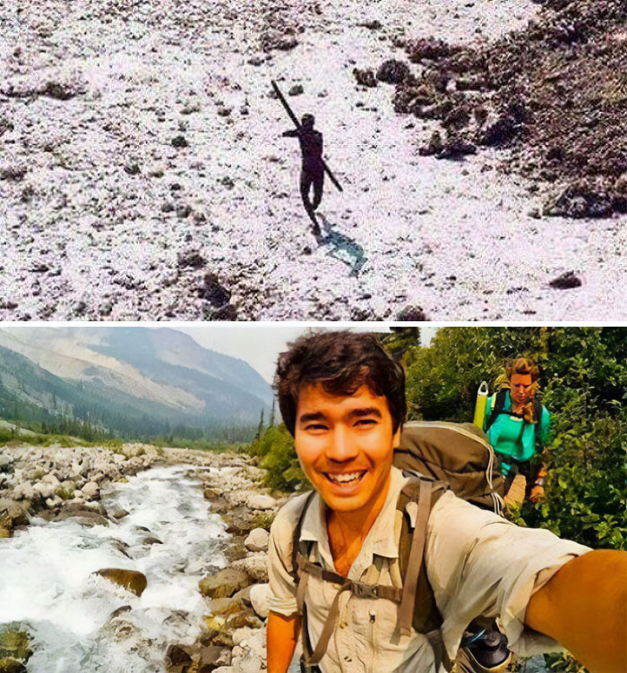 Persona caminando en un terreno rocoso y otra imagen de dos personas explorando un río, destacando sucesos increíbles.
