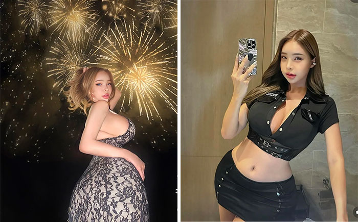 "Mujer en vestido elegante con fuegos artificiales vs foto de realidad en baño con atuendo casual."