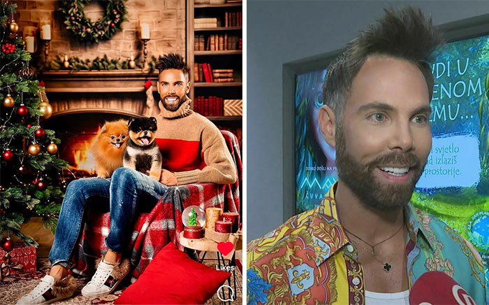 Hombre con dos perros frente a chimenea decorada en Instagram, y su apariencia en la realidad, en una entrevista.