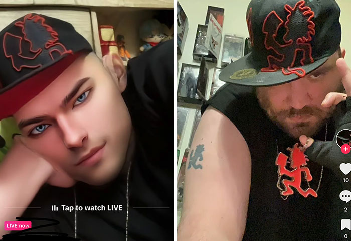 Comparación divertida de Instagram versus realidad con dos fotos de una persona usando gorra negra.