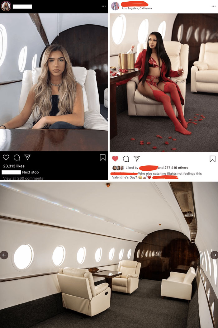 Influencers en un avión privado, despreocupados y posando para fotos.