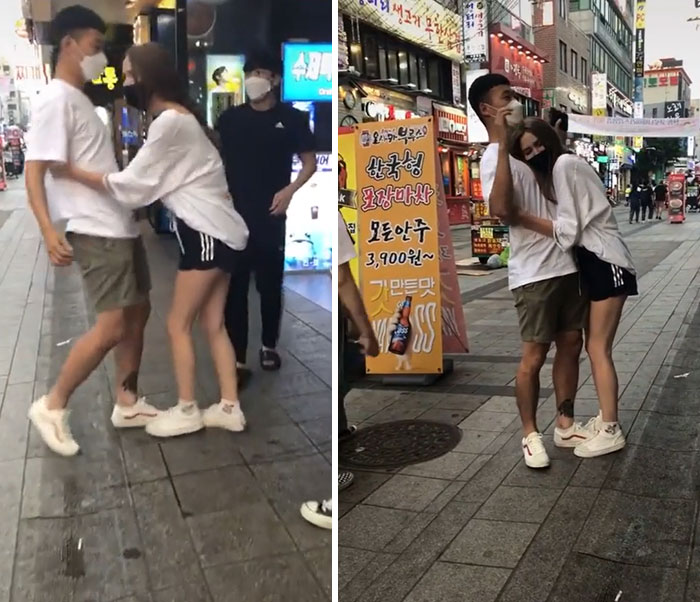 Influencers haciendo cosas ridículas en la calle, sin preocuparse por las molestias a otros transeúntes.