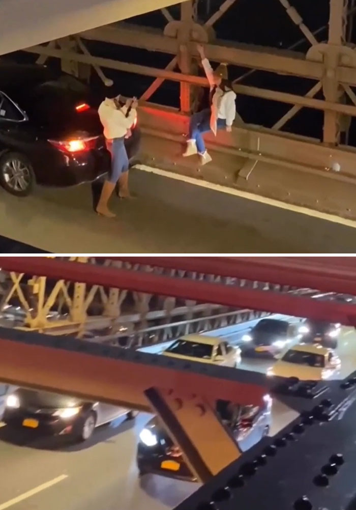Una influencer posando en un puente mientras otra persona la fotografía desde un auto detenido.