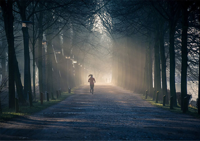 Persona corriendo en un camino arbolado y brumoso al amanecer, simbolizando momentos para irse ya mismo.
