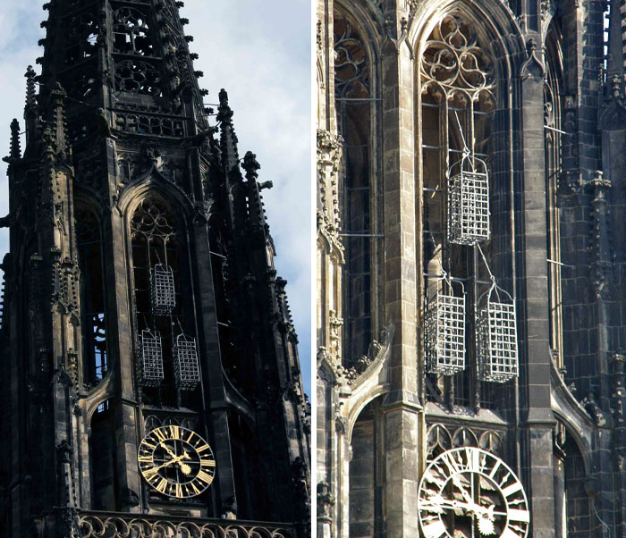 Esta iglesia de Alemania tiene tres jaulas colgantes que datan del siglo XVI. Tres hombres fueron torturados y sus restos se pudrieron en estas jaulas.