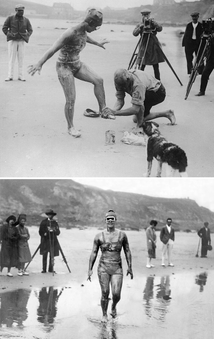 Gertrude Ederle, primera mujer en cruzar el Canal de la Mancha, 26 de agosto de 1926, en 14 horas y 31 minutos, batiendo el récord masculino de 16 horas y 33 minutos. Fotos del día en que batió el récord