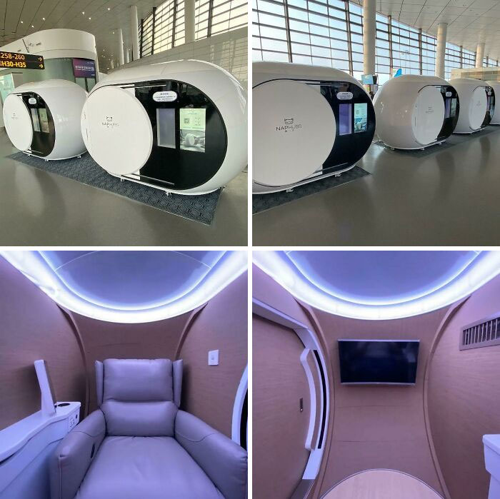 Cabinas futuristas para descanso en aeropuerto, una de las cosas que sorprendieron a los viajeros en otros países.