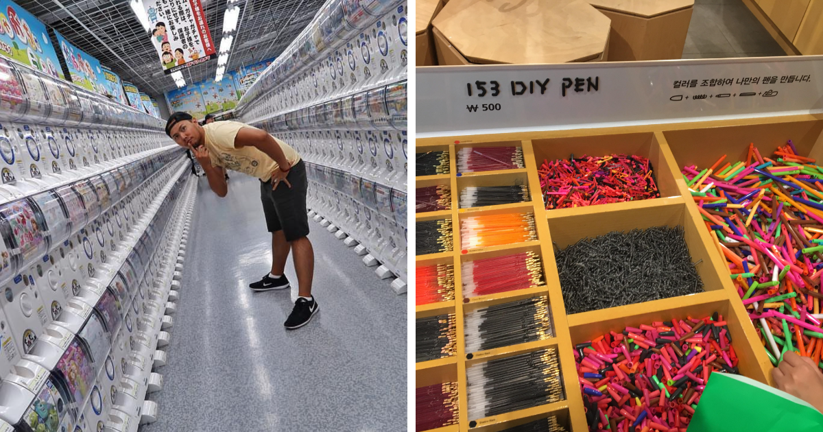 Hombre sorprendido en tienda con mu00e1quinas expendedoras y colores para bolu00edgrafos DIY en otros pau00edses, curiosidades viajeros.