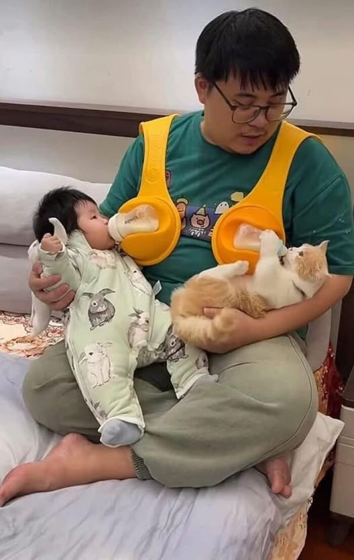 Hombre alimentando a un bebé y un gato al mismo tiempo, escena divertida de animales siendo espontáneos.