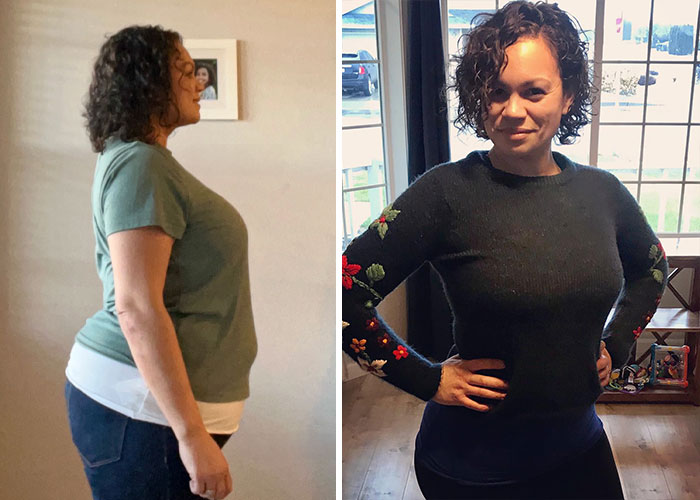 Two friends showing different results after using Ozempic, side-by-side comparison in home setting.