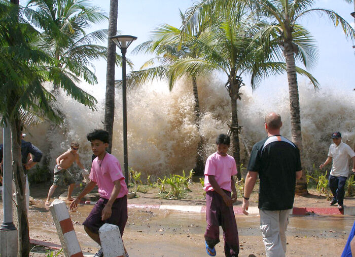 Personas caminando cerca de una gran ola de tsunami que avanza, rodeadas de palmeras.